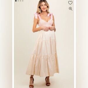 Pink Blush Cream Ribbon Strap Tiered Maternity Maxi Dress Large